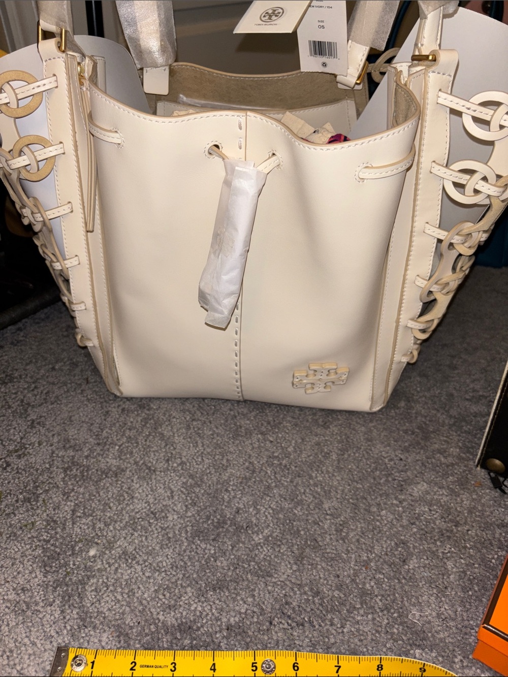 Tory Burch Cream Leather Lattice-Trim Drawstring Tote